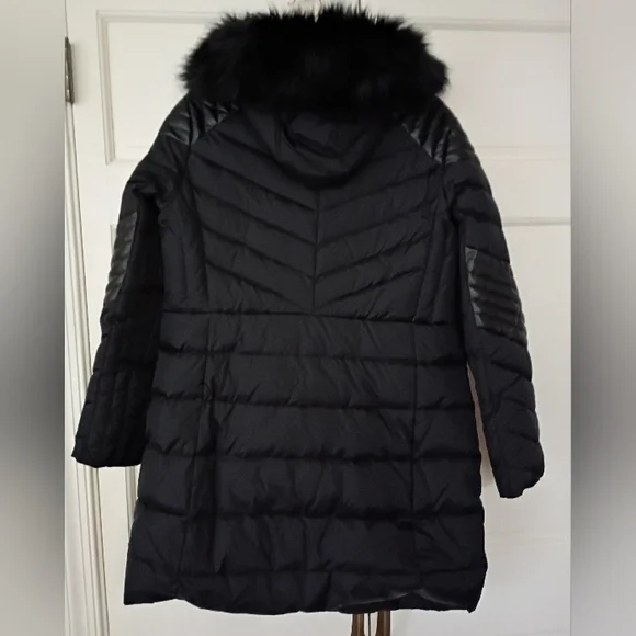 MK.Hooded Puffer Coat Faux Leather TrimFaux  Black Fur Hood Thrim.Pit To Pit 21" - Picture 8 of 10